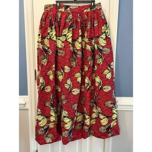 Ofuure Red Bright Floral 100% Cotton Pockets Maxi Skirt Size 2X/3X Zipper Split